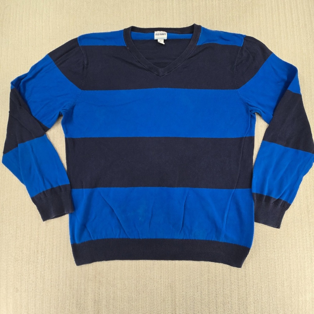 Old Navy Sweater Mens XL Blue Striped V Neck Cotton Pullover Knit Long Sleeve